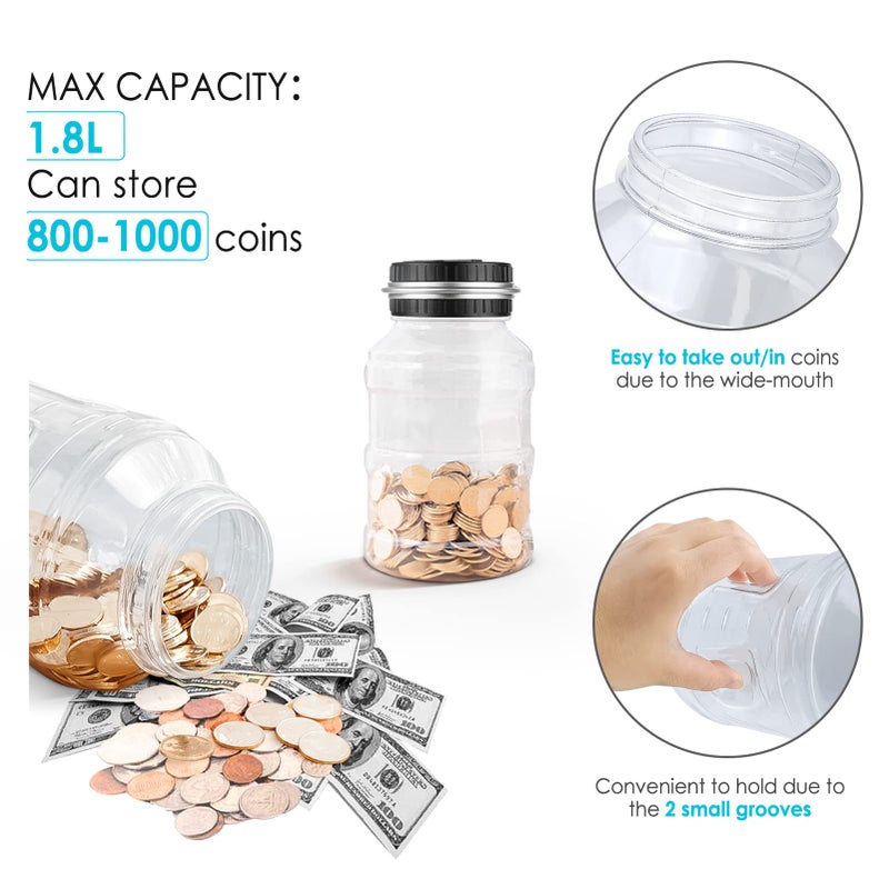 Vcertcpl Large Piggy Bank for Boys Adults, Vcertcpl Digital Coin Counting Bank with LCD Counter, 1.8L Capacity Coin Bank Money Jar for Adults, Designed for All US Coins (Silver) - Image 4