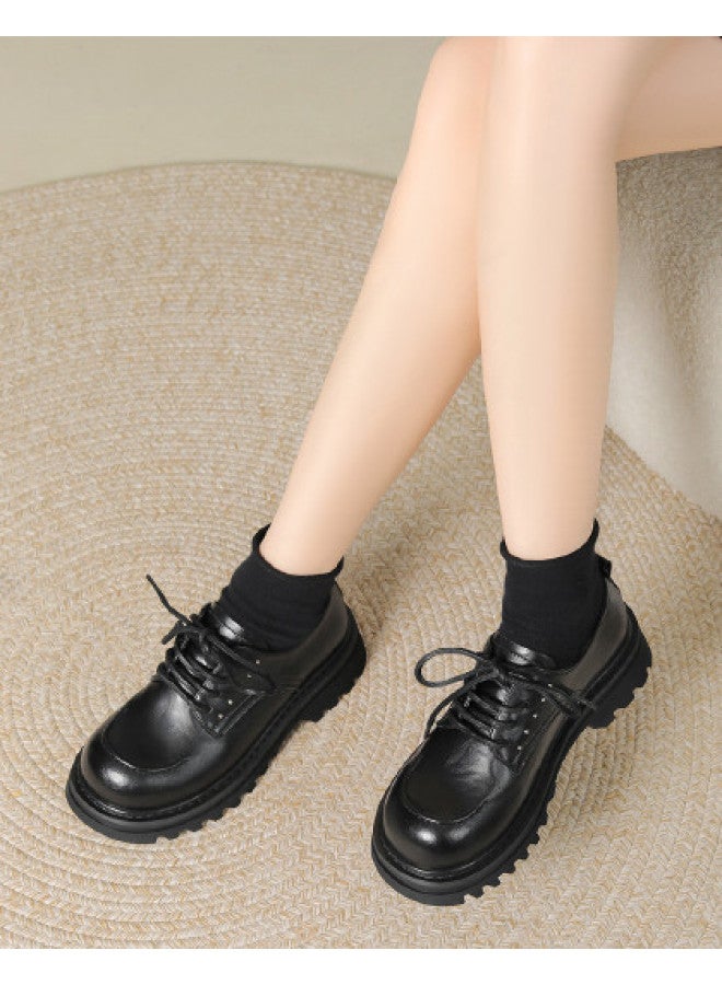 Josiny Cool British Style】 Women's Leather Shoes, Chunky Sole Lace-up Loafers For Autumn/spring, Versatile Commuting Flats Yq - Image 1