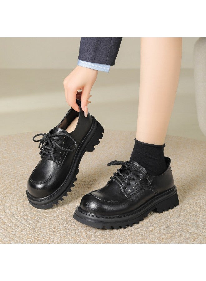 Josiny Cool British Style】 Women's Leather Shoes, Chunky Sole Lace-up Loafers For Autumn/spring, Versatile Commuting Flats Yq - Image 3