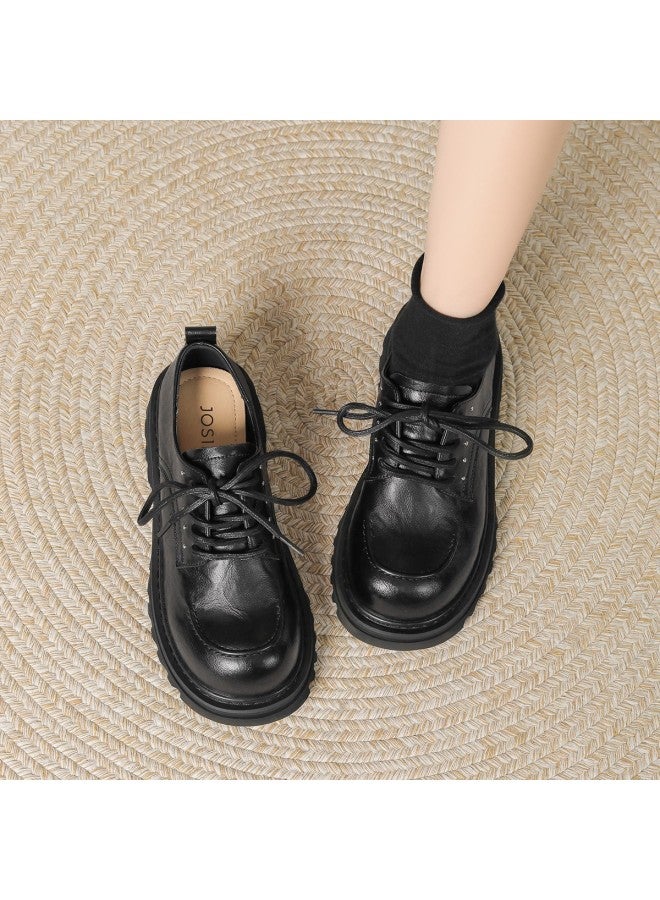 Josiny Cool British Style】 Women's Leather Shoes, Chunky Sole Lace-up Loafers For Autumn/spring, Versatile Commuting Flats Yq - Image 4