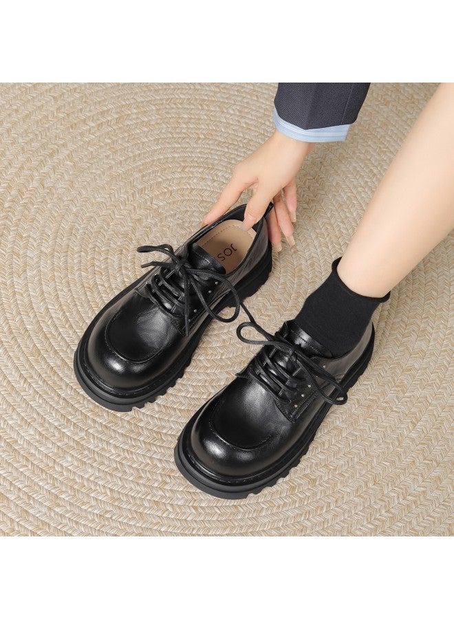Josiny Cool British Style】 Women's Leather Shoes, Chunky Sole Lace-up Loafers For Autumn/spring, Versatile Commuting Flats Yq - Image 2