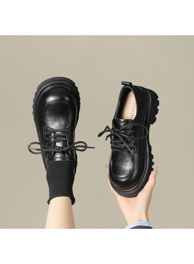 Josiny Cool British Style】 Women's Leather Shoes, Chunky Sole Lace-up Loafers For Autumn/spring, Versatile Commuting Flats Yq - Image 5
