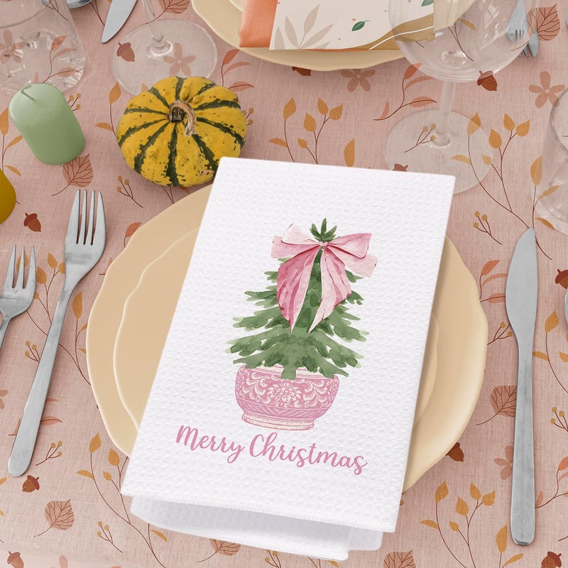 SPBL&L Pink Chinoiserie Christmas Kitchen Towels  Pink Bow Coquette Christmas Tree Dish Towels for Kitchen Bathroom Grandmillennial Decor Pink Christmas Hand Towels for Bathroom Kitchen  16x24 Inches - Image 3