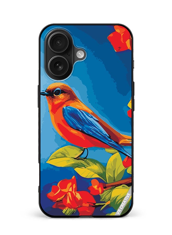 Protective Case Cover For Apple iPhone 16 Bird Sits Branch Cherry Blossoms Design Multicolour