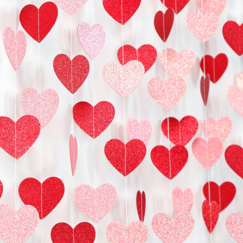 Hugfond Galentines Red Pink Valentines Party-Decorations - 52Ft Heart Garland Streamers Paper Banner Proposal Anniversary Romantic Birthday Baby Shower Rustic Wedding Hanging Ornaments Decor Hugfond - Image 1