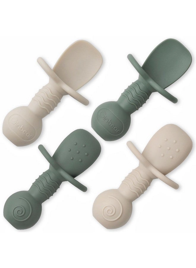 Ginbear Platinum Silicone Baby Spoons Self Feeding 6 Months First Stage, Non Toxic Infants Led Weaning Utensils for Training, Soft BLW Supplies Pack of 4 (Dark Sage/Ivory) - Image 1