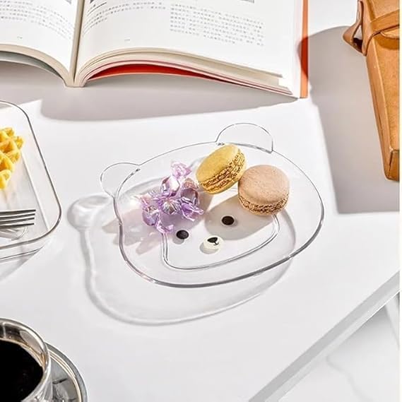 VAUGHNPlastic Dish Cartoon Bear Style Cute Appetizer Plates for Party | Reusable Mini Plate for Snacks, Fruits, Salad, Cakes - Transparent, Multicolor (Set of 2) - Image 2