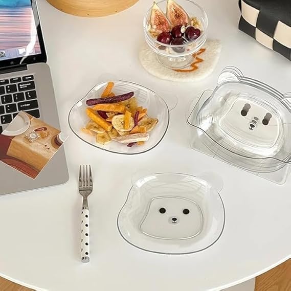 VAUGHNPlastic Dish Cartoon Bear Style Cute Appetizer Plates for Party | Reusable Mini Plate for Snacks, Fruits, Salad, Cakes - Transparent, Multicolor (Set of 2) - Image 1