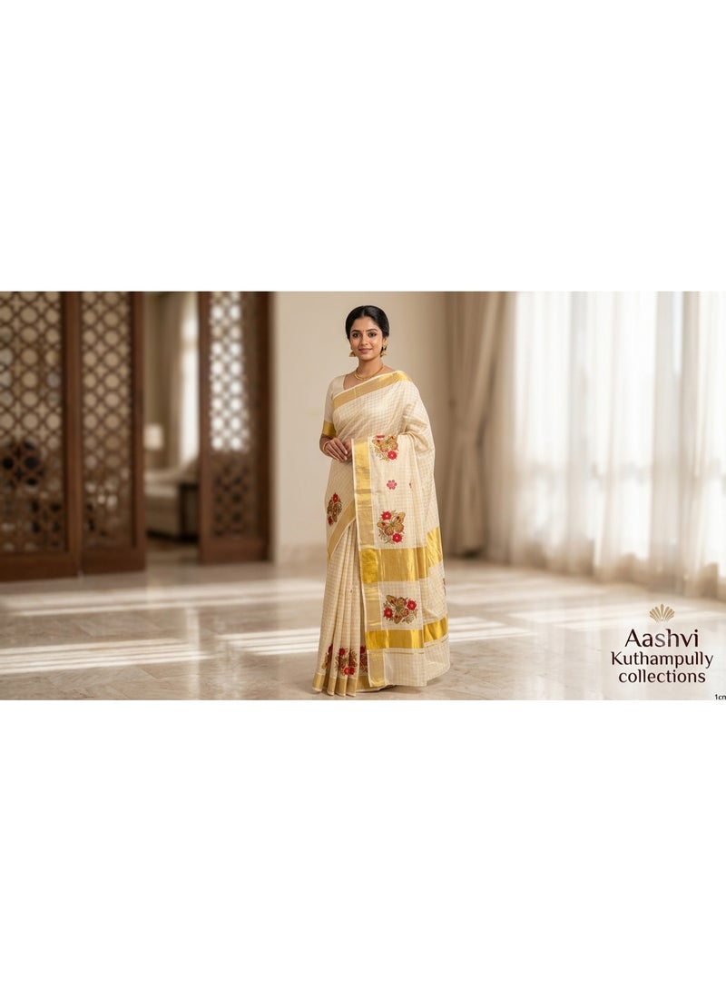 Aashvi Kuthampully Traditional Hand Crafted Set Saree with Golden Zari Border Butterfly and Floral Motifs Onam Edition - Image 1