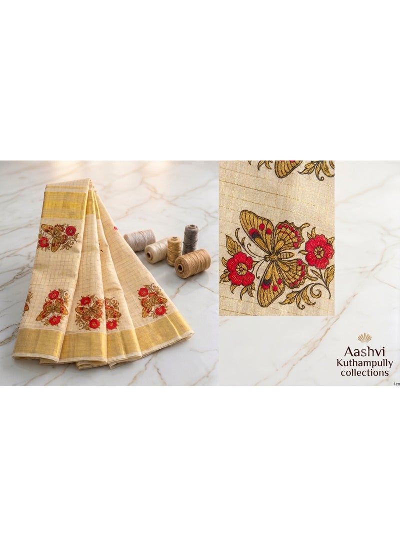 Aashvi Kuthampully Traditional Hand Crafted Set Saree with Golden Zari Border Butterfly and Floral Motifs Onam Edition - Image 2