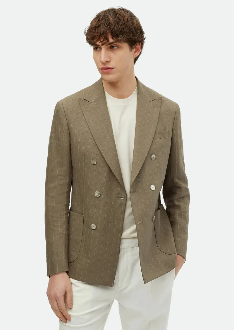 RAMSEY Khaki Striped Zeroweight Slim Fit Linen Blended Jacket