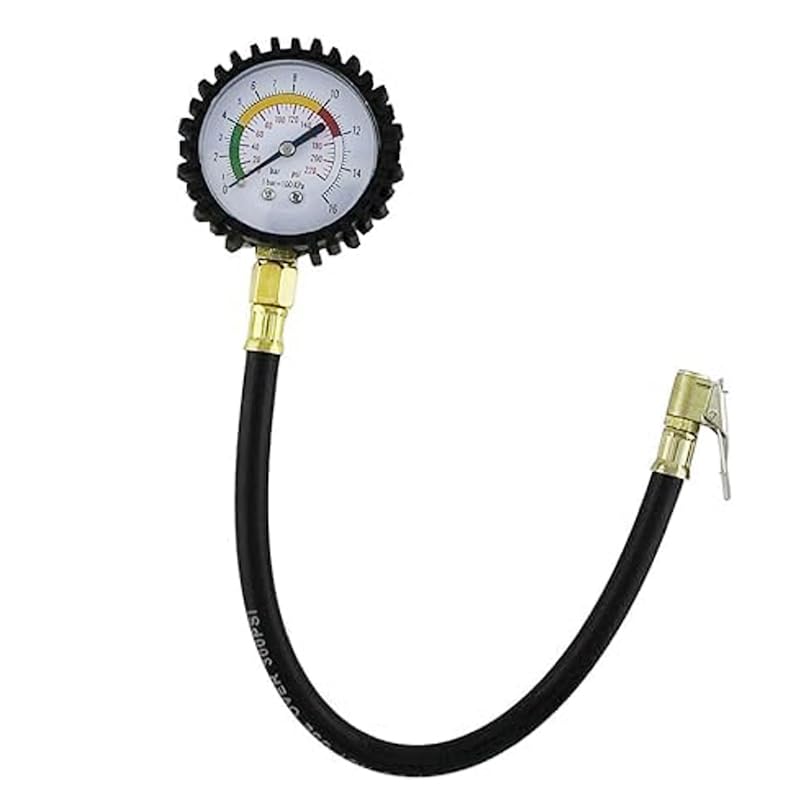 Tire Pressure Gauge with Rubber Hose - Air Compressor Accessory for Cars, Trucks, Motorcycles and Trailers (Code:8193) - KaberTrade
