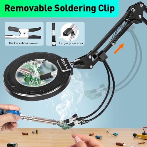 KUVRS 12X Magnifying Glass with Light and Stand, Ultra Long 3-Section Swing Arm, 5 Colors Helping Hands Magnifying Lamp, 4-Way Large Metal Clamp LED Lighted Magnifier Lamp for Craft Workbench Repair - Image 2