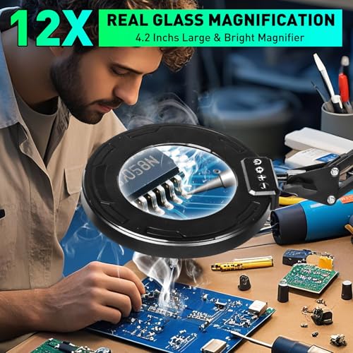 KUVRS 12X Magnifying Glass with Light and Stand, Ultra Long 3-Section Swing Arm, 5 Colors Helping Hands Magnifying Lamp, 4-Way Large Metal Clamp LED Lighted Magnifier Lamp for Craft Workbench Repair - Image 3