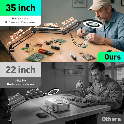 KUVRS 12X Magnifying Glass with Light and Stand, Ultra Long 3-Section Swing Arm, 5 Colors Helping Hands Magnifying Lamp, 4-Way Large Metal Clamp LED Lighted Magnifier Lamp for Craft Workbench Repair - Image 4