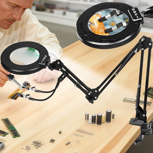 KUVRS 12X Magnifying Glass with Light and Stand, Ultra Long 3-Section Swing Arm, 5 Colors Helping Hands Magnifying Lamp, 4-Way Large Metal Clamp LED Lighted Magnifier Lamp for Craft Workbench Repair - Image 1