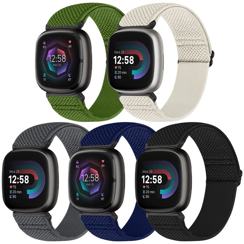 Bcuckood Compatible with Fitbit Versa 4/Versa 3/Sense 2/Sense Band Women Men, 5 Pack Elastic Nylon Soft Adjustable Stretchy Solo Loop Replacement Strap for Women Men - Image 1