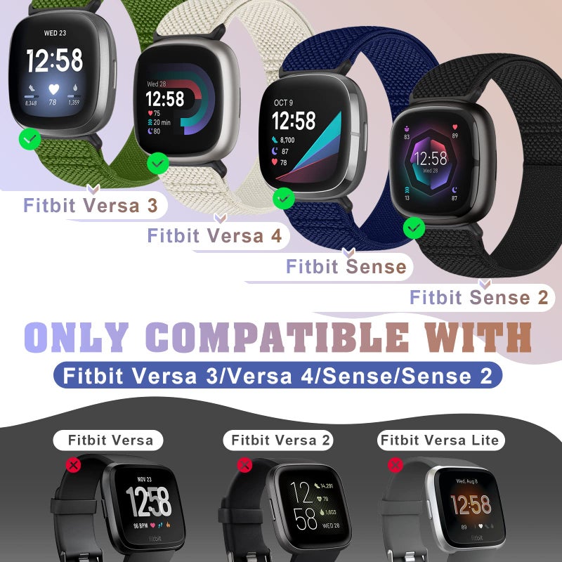 Bcuckood Compatible with Fitbit Versa 4/Versa 3/Sense 2/Sense Band Women Men, 5 Pack Elastic Nylon Soft Adjustable Stretchy Solo Loop Replacement Strap for Women Men - Image 2