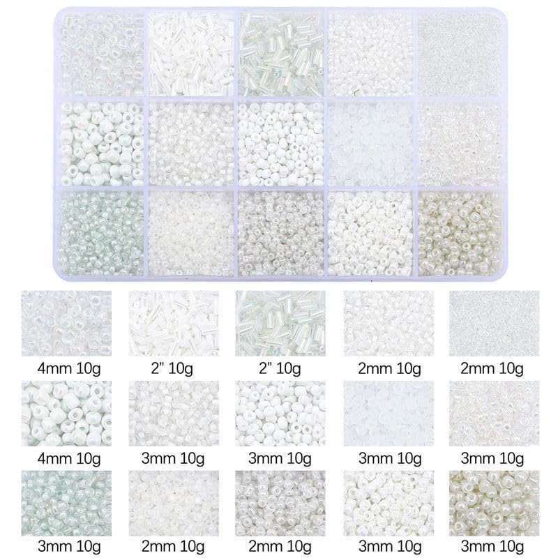 Basigeese Mix 15 Color Glass Seed Tube Beads Glass Bugle Beads Loose Kit for Jewelry Making DIY Craft Beading (Mix 15 Color, White) - Image 3
