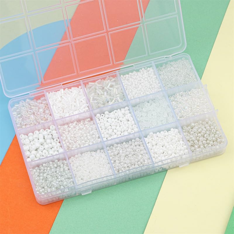 Basigeese Mix 15 Color Glass Seed Tube Beads Glass Bugle Beads Loose Kit for Jewelry Making DIY Craft Beading (Mix 15 Color, White) - Image 2