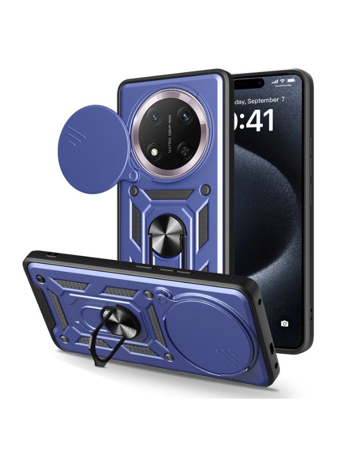Shunjia Sliding Window Case, Shockproof Rugged Armor with Sliding Camera Cover & 360° Ring Kickstand, Compatible with Honor X9c (Blue)