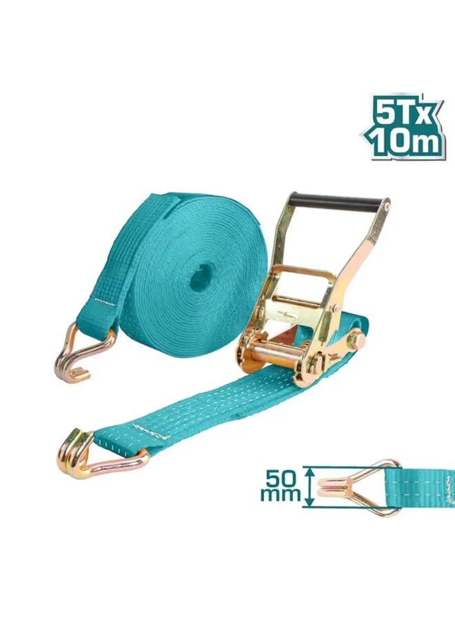 توتال حزام ربط TOTAL Ratchet سعة 5 أطنان، عرض 10 أمتار × 50 مم، حزام ربط شديد التحمل مع خطاف مزدوج على شكل حرف J وإبزيم معدني لتأمين حمولة نقل البضائع THTRS5107 - Image 1
