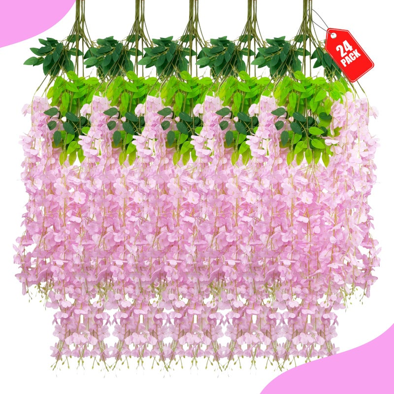 ZEBMOON 24 Pack Pink Wisteria Hanging Flowers, 3.4 Ft Fake Hanging Flowers, Artificial Wisteria Garland Vines for Wedding Room Backdrop Outdoor Patio Garden Decoration - Image 1