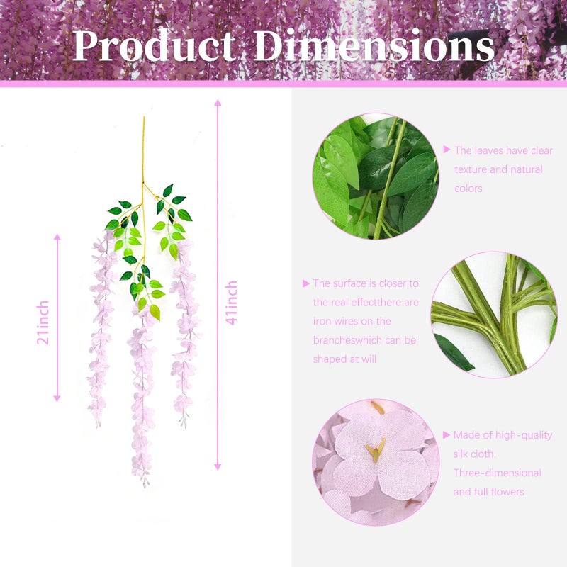 ZEBMOON 24 Pack Pink Wisteria Hanging Flowers, 3.4 Ft Fake Hanging Flowers, Artificial Wisteria Garland Vines for Wedding Room Backdrop Outdoor Patio Garden Decoration - Image 2
