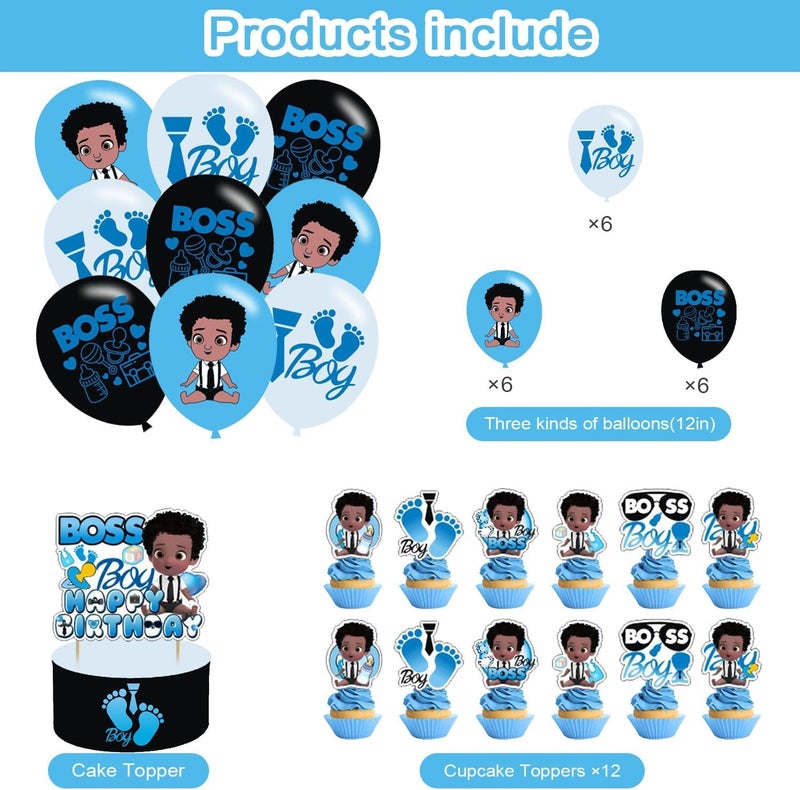 PINUO Boss Boys Theme Birthday Banner, Cake Topper, Latex Balloons, Cupcake Toppers for Boy's Birthday Party Supplies - Image 2