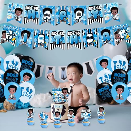 PINUO Boss Boys Theme Birthday Banner, Cake Topper, Latex Balloons, Cupcake Toppers for Boy's Birthday Party Supplies - Image 4