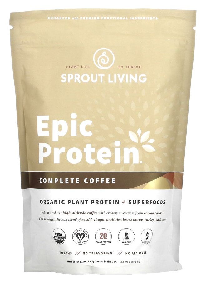 Sprout Living Epic Protein Organic Plant Protein + Superfoods Complete Coffee 1 lb (456 g) 