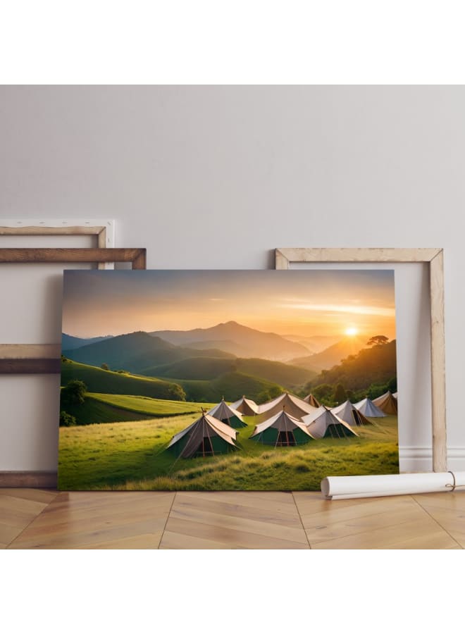 Home Gallery Camping Tents With sunset Landscape Mountain Printed canvas wall art 120x80  - Image 1