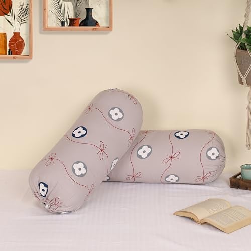 Clasiko Cotton Bolster Pillow Cover Set of 2 – Floral Bow Bolsters for Sofa, Bed & Living Room | Soft & Washable Round Pillow Cover Set | Made in India - Image 1