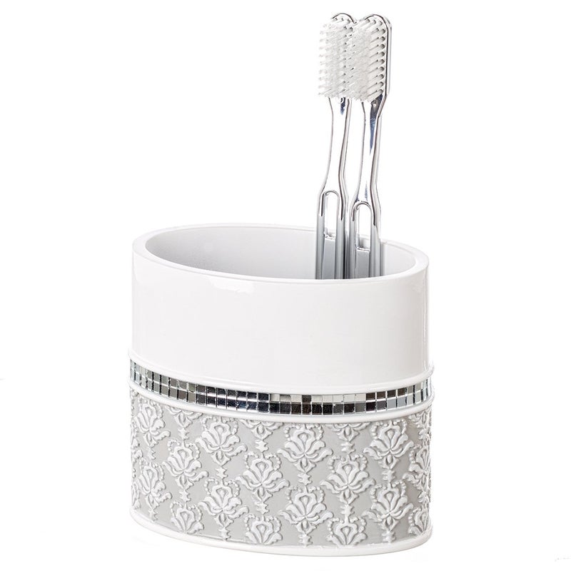 Creative Scents Mirror Damask Toothbrush Holder for Bathroom  Gray  White Toothbrush and Toothpaste Holder  Decorative Toothbrush Cup for Bathroom Holds Multiple Standard Or Electric Toothbrushes - Image 1