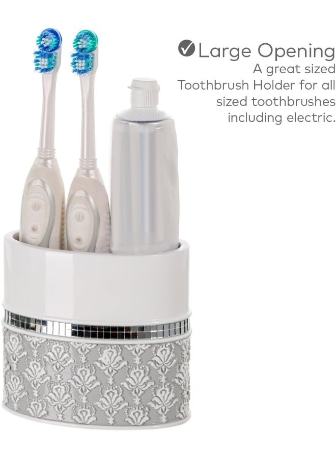 Creative Scents Mirror Damask Toothbrush Holder for Bathroom  Gray  White Toothbrush and Toothpaste Holder  Decorative Toothbrush Cup for Bathroom Holds Multiple Standard Or Electric Toothbrushes - Image 2