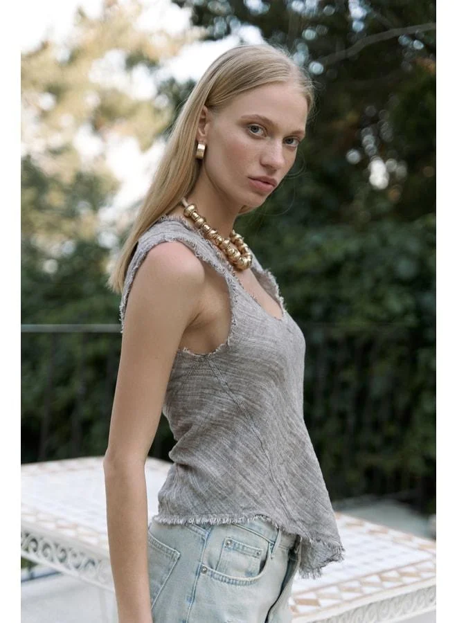 Bohemai  Veilinas Asymmetric Coffee Linen Crop. for Women | Best Price UAE