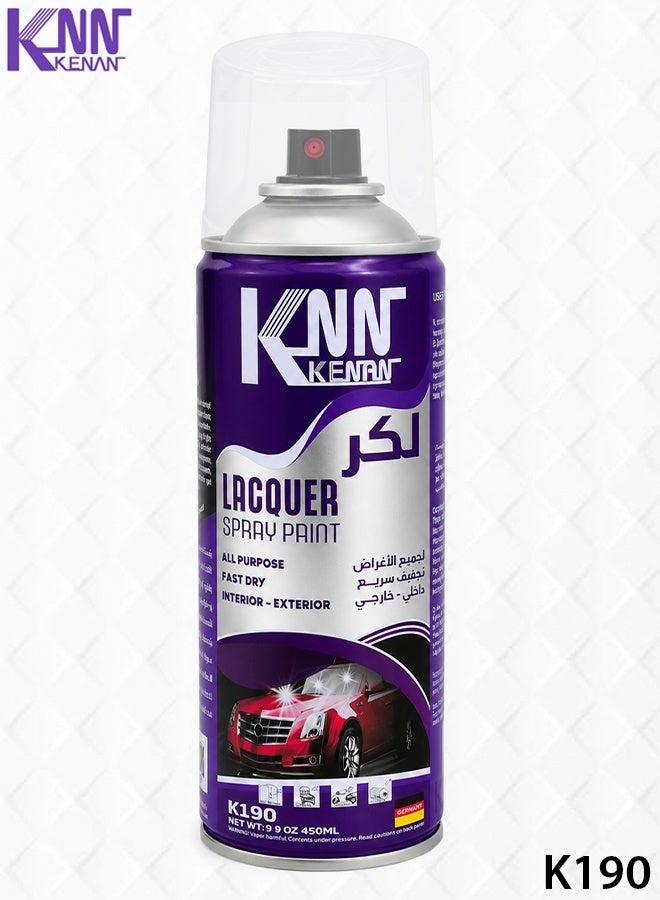 KNN Kenan Lacquer Spray Paint K190 450ml Fast Drying Strong Adhesion Multi Surface Interior Exterior Use Clear Gloss Protective Coating Anti Rust UV Protection Durable Finish ERPCk190 - Image 1