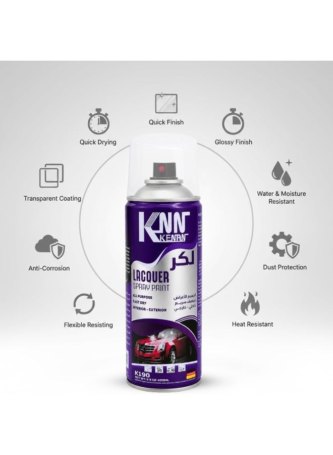 KNN Kenan Lacquer Spray Paint K190 450ml Fast Drying Strong Adhesion Multi Surface Interior Exterior Use Clear Gloss Protective Coating Anti Rust UV Protection Durable Finish ERPCk190 - Image 3