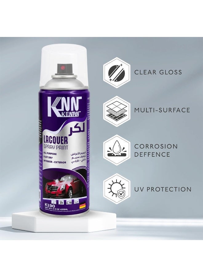 KNN Kenan Lacquer Spray Paint K190 450ml Fast Drying Strong Adhesion Multi Surface Interior Exterior Use Clear Gloss Protective Coating Anti Rust UV Protection Durable Finish ERPCk190 - Image 2