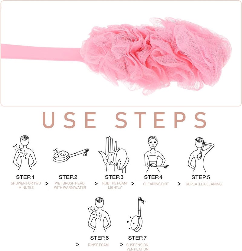 3pcs Large Long Handle Bath Body Brush and Back Scrubber Set, Soft Exfoliating Mesh Bathing Scrubber for Men and Women, Pink, Suitable for Daily Shower and Skin Massage - Image 3