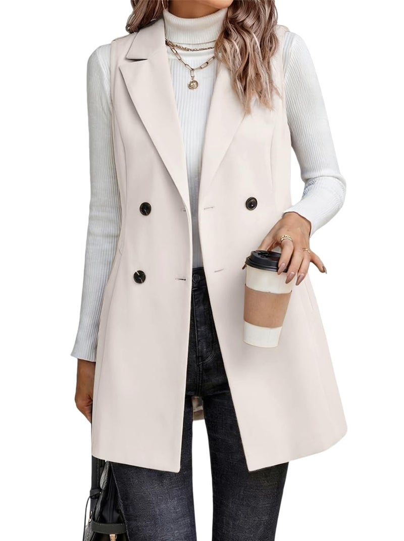 IDEALSANXUN Long Vest for Women Sleeveless Wool Tweed Blazers Fall Jackets Winter Trench Coat Cardigan Sweater Vest Tops, Pure Beige, M - Image 1