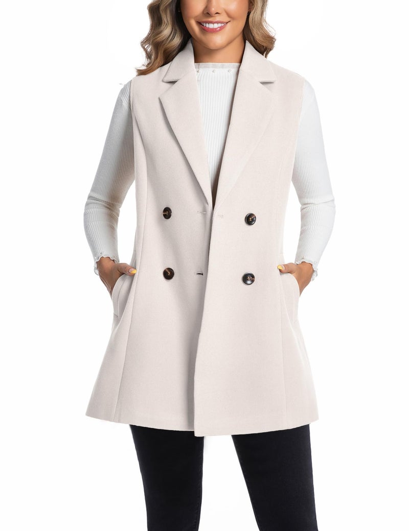 IDEALSANXUN Long Vest for Women Sleeveless Wool Tweed Blazers Fall Jackets Winter Trench Coat Cardigan Sweater Vest Tops, Pure Beige, M - Image 2