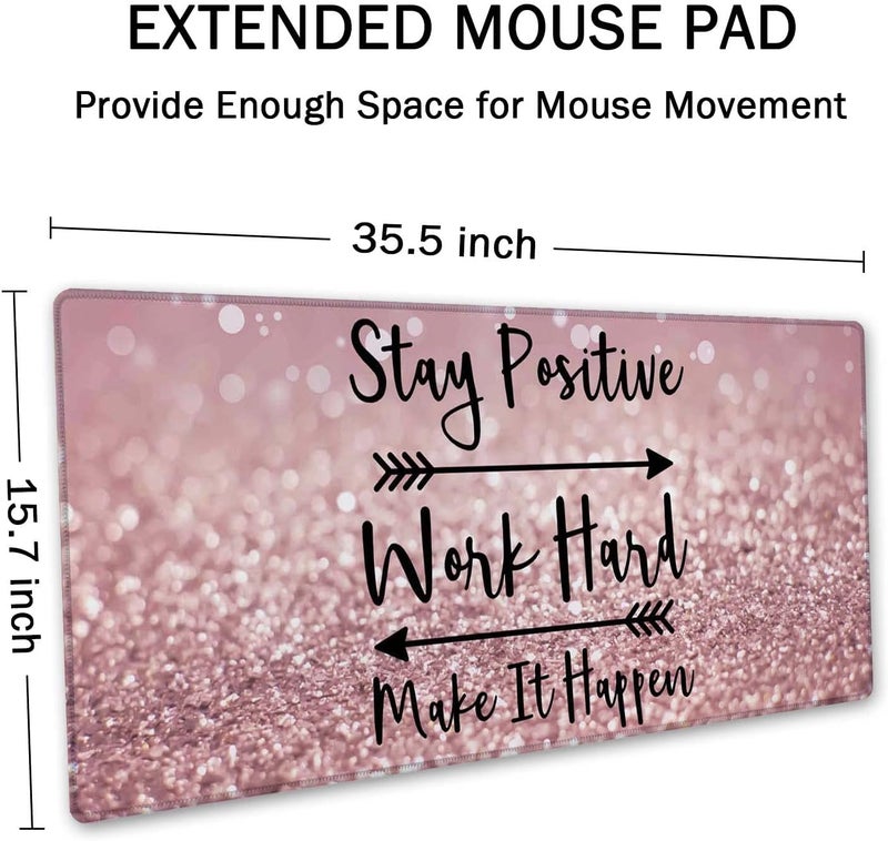 SSOIU Desk Mat, Extended Gaming Mouse Pad 35.5x15.7 in Stay Positive Work Hard and Make It Happen Inspirational Quotes Mouse pad Art Rose Gold and Silver Glitter Black Quote Large Non-Slip Mousepad - Image 2