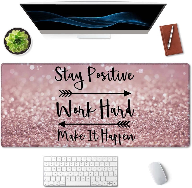 SSOIU Desk Mat, Extended Gaming Mouse Pad 35.5x15.7 in Stay Positive Work Hard and Make It Happen Inspirational Quotes Mouse pad Art Rose Gold and Silver Glitter Black Quote Large Non-Slip Mousepad - Image 3