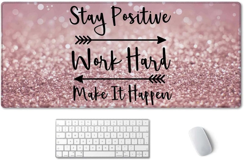 SSOIU Desk Mat, Extended Gaming Mouse Pad 35.5x15.7 in Stay Positive Work Hard and Make It Happen Inspirational Quotes Mouse pad Art Rose Gold and Silver Glitter Black Quote Large Non-Slip Mousepad - Image 1