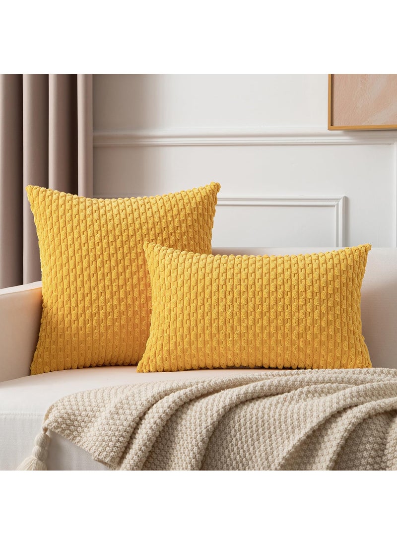 K KEVIN TEXTILE Kevin Textile Pack of 2 Velvet Pillow Covers Striped Throw Cushion Case Set Accent Corduroy Lumbar Pillowcases with Hidden Zipper for Home Decor Indoor Outdoor (12x20 Inch Yellow)  - Image 4