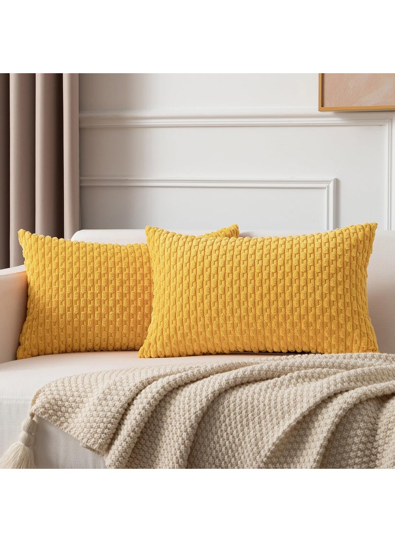 K KEVIN TEXTILE Kevin Textile Pack of 2 Velvet Pillow Covers Striped Throw Cushion Case Set Accent Corduroy Lumbar Pillowcases with Hidden Zipper for Home Decor Indoor Outdoor (12x20 Inch Yellow)  - Image 1