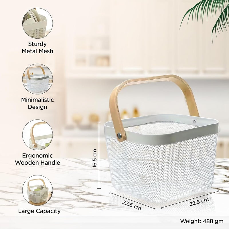 UMAI Metal Mesh Basket For Storage With Wooden Handle White Fruit Basket Storage Baskets Storage Organizer Home Decor Items - Image 4
