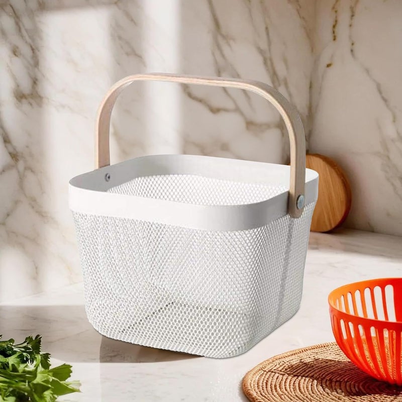 UMAI Metal Mesh Basket For Storage With Wooden Handle White Fruit Basket Storage Baskets Storage Organizer Home Decor Items - Image 1
