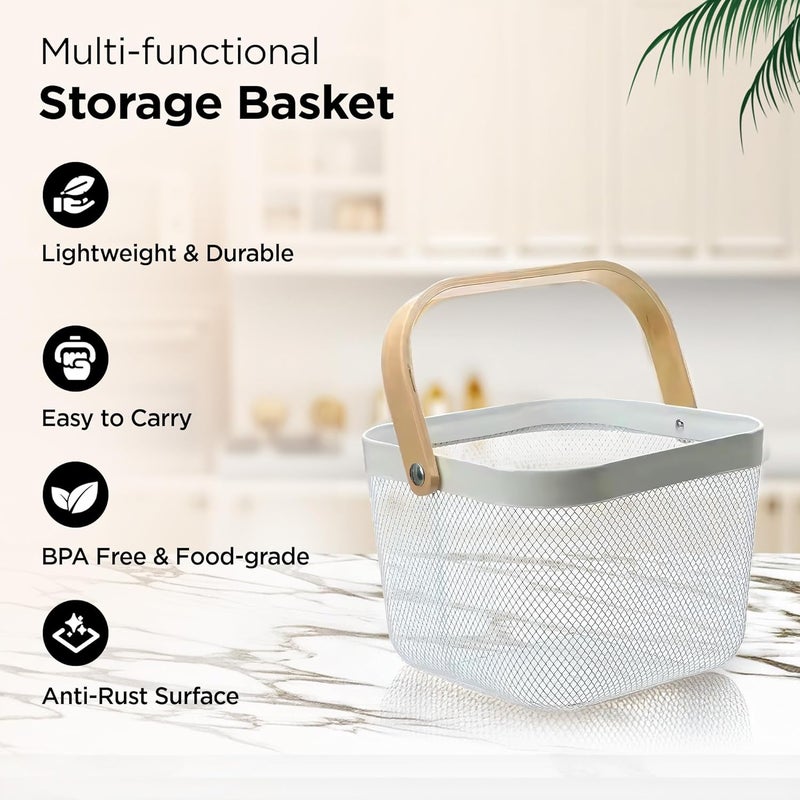 UMAI Metal Mesh Basket For Storage With Wooden Handle White Fruit Basket Storage Baskets Storage Organizer Home Decor Items - Image 3